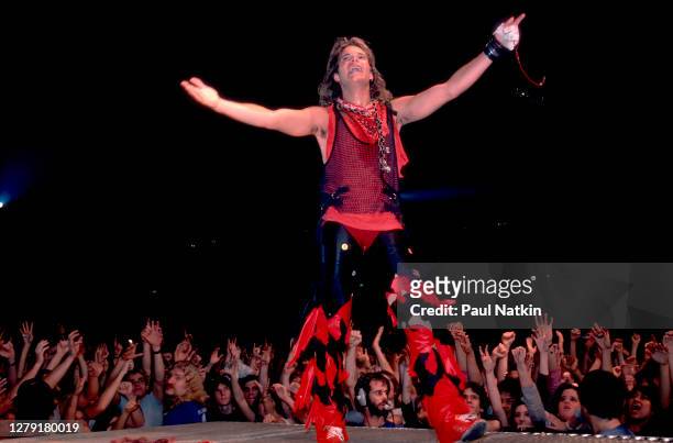 American Rock musician David Lee Roth, of the group Van Halen, performs onstage at the Rosemont Horizon, Rosemont, Illinois, March 13, 1984.