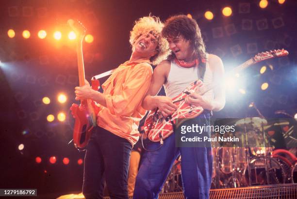 Rock musicians Sammy Hagar and Eddie Van Halen , both of the group Van Halen, performs onstage at the Rosemont Horizon, Rosemont, Illinois, March 15,...