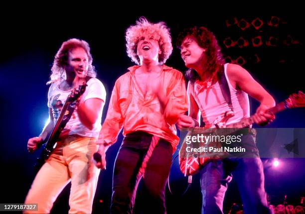 Rock musicians Michael Anthony, Sammy Hagar, and Eddie Van Halen , all of the group Van Halen, performs onstage at the Rosemont Horizon, Rosemont,...