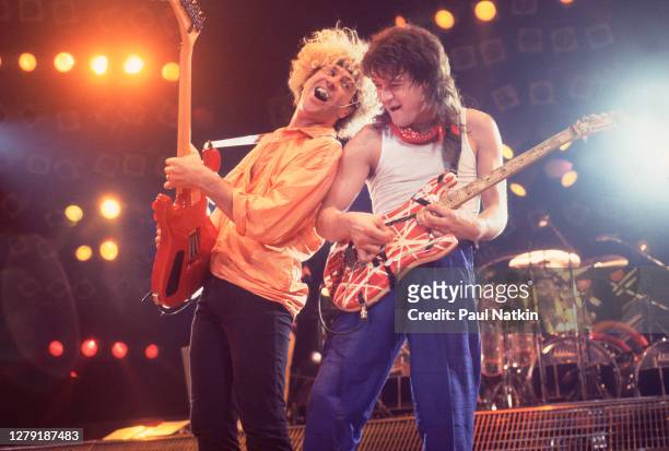 Rock musicians Sammy Hagar and Eddie Van Halen , both of the group Van Halen, performs onstage at the Rosemont Horizon, Rosemont, Illinois, March 15,...