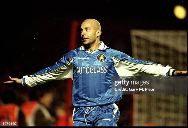 Chelsea player/manager Gianluca Vialli celebrates his goal during the Worthington Cup fourth round match against Arsenal at Highbury in London....