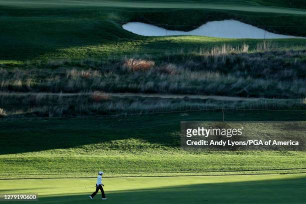 Golfer walks up the second fairway during the first round of the 2020 KPMG Women's PGA Championship at Aronimink Golf Club on October 08, 2020 in...