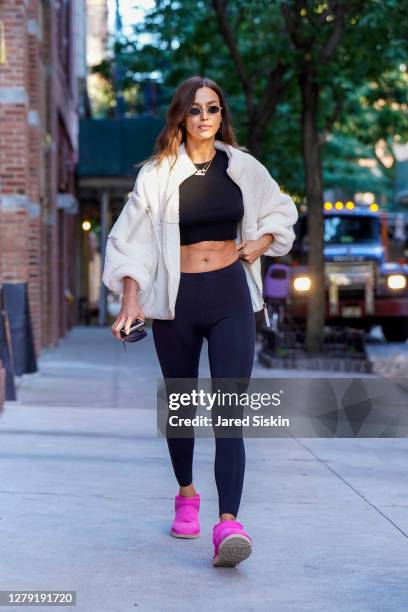 Irina Shayk is seen walking on in the West Village on October 08, 2020 in New York City.