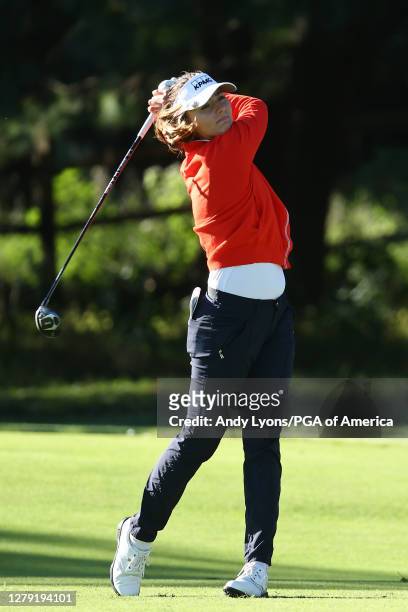Klara Spilkova of Czech Republic plays her shot from the 13th tee during the first round of the 2020 KPMG Women's PGA Championship at Aronimink Golf...