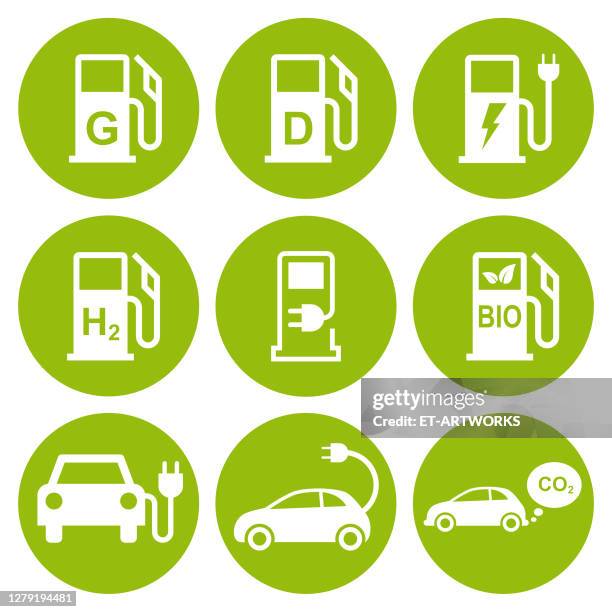 elektroauto- und kraftstoffsymbole - fuel station stock-grafiken, -clipart, -cartoons und -symbole