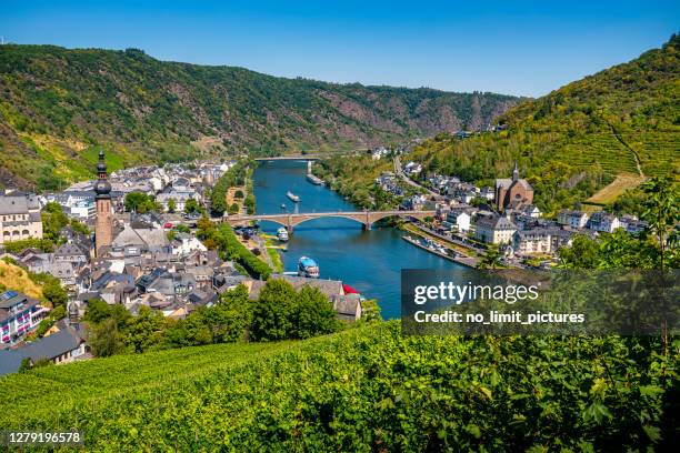 panoramic areal view over cochem at mosel river in germany - cochem moselle stock pictures, royalty-free photos & images