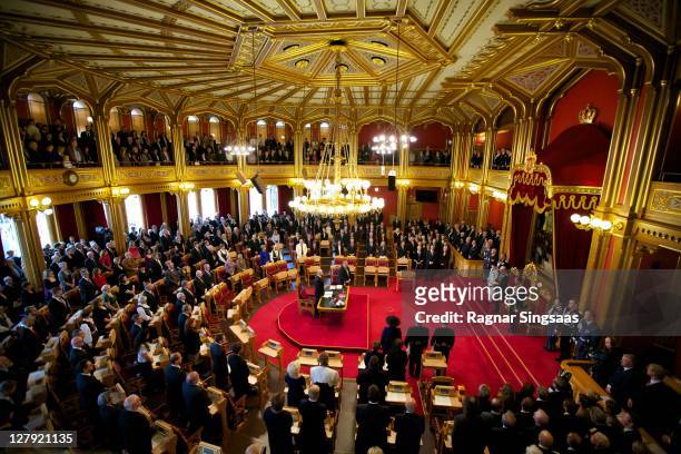 Queen Sonja of Norway, King Harald V of Norway and Prince Haakon of Norway attend the opening of the 156th Stortinget at Storting on October 3, 2011...