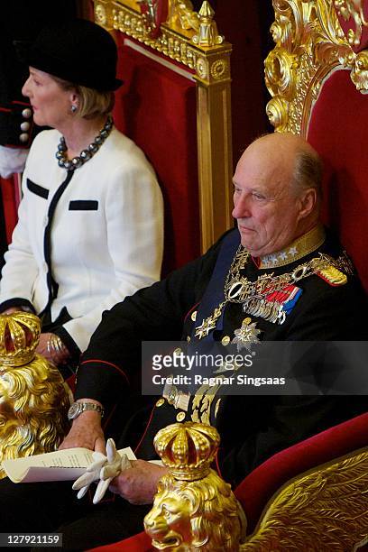 Queen Sonja of Norway and King Harald V of Norway attend the opening of the 156th Stortinget at Storting on October 3, 2011 in Oslo, Norway.
