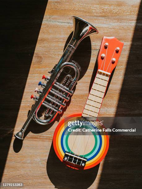 two toy instruments - a banjo and a trumpet - classical style stock-fotos und bilder