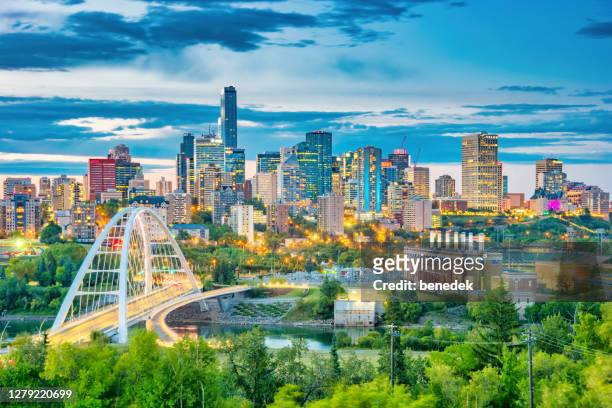 skyline of downtown edmonton alberta canada at twilight - canada stock pictures, royalty-free photos & images