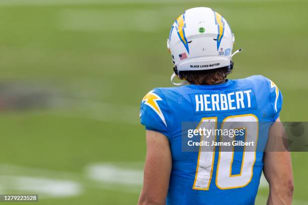 The helmet worn by Justin Herbert of the Los Angeles Chargers reads "Black Lives Matter" during the third quarter of a game against the Tampa Bay...