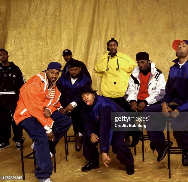 Ol' Dirty Bastard, Ghostface Killah, Masta Killa, Raekwon, U-God, RZA, GZA and Method Man of the American rap group Wu-Tang Clan pose for a portrait...