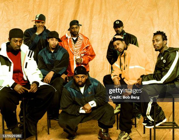 Method Man, U-God, Ghostface Killah, Raekwon, Masta Killa, RZA and Ol' Dirty Bastard of the American rap group Wu-Tang Clan pose for a portrait circa...