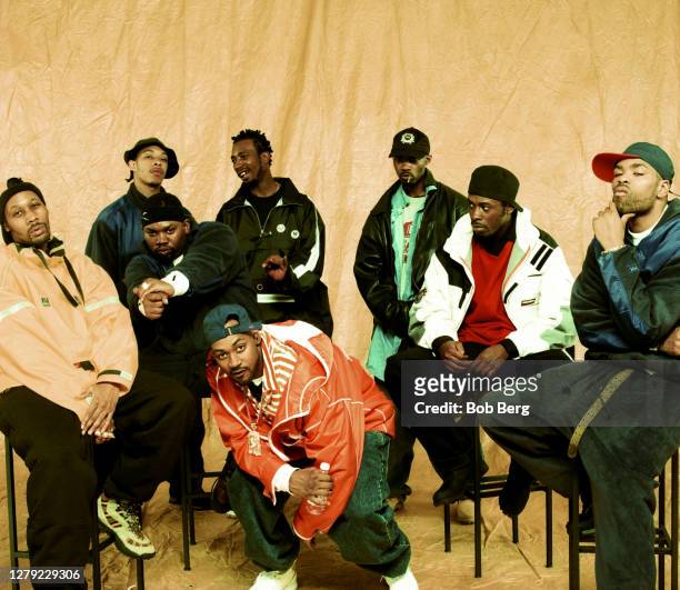 God, Raekwon, Ghostface Killah, Ol' Dirty Bastard, Masta Killa, GZA and Method Man of the American rap group Wu-Tang Clan pose for a portrait circa...