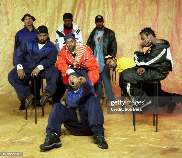 God, Raekwon, GZA, Ghostface Killah, Method Man, Masta Killa, RZA and Ol' Dirty Bastard of the American rap group Wu-Tang Clan pose for a portrait...