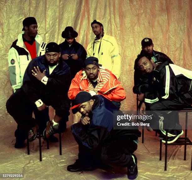 Raekwon, U-God, RZA, Ghostface Killah, Method Man, Masta Killa and Ol' Dirty Bastard of the American rap group Wu-Tang Clan pose for a portrait circa...
