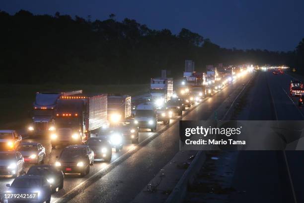 Traffic is jammed on I-10 westbound amid evacuations ahead of Hurricane Delta on October 8, 2020 in Lake Charles, Louisiana. Residents along the Gulf...