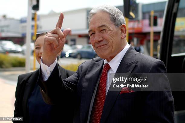 New Zealand First Leader Winston Peters meets wityh shoppers as he campaigns in Southmall, Manurewa on October 09, 2020 in Auckland, New Zealand. The...