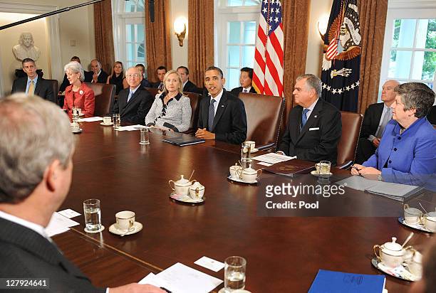 President Barack Obama speaks during a Cabinet Meeting as U.S. Secretary of Education Arne Duncan , U.S. Secretary of Health and Human Services...