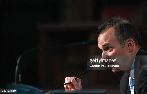 Travis T Tygart, Chief Executive of USADA talks to an audience including Edwin Moses, Colin Jackson, and Daley Thompson in the debating room during a...