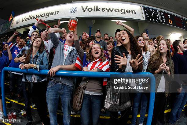 Fans cheer during the game between the New York Rangers and HC Sparta Prague at the Tesla Arena during the 2011 NHL Compuware Premiere Challenge on...