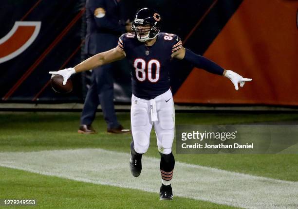 Jimmy Graham of the Chicago Bears celebrates after scoring a touchdown in the second quarter against the Tampa Bay Buccaneers at Soldier Field on...