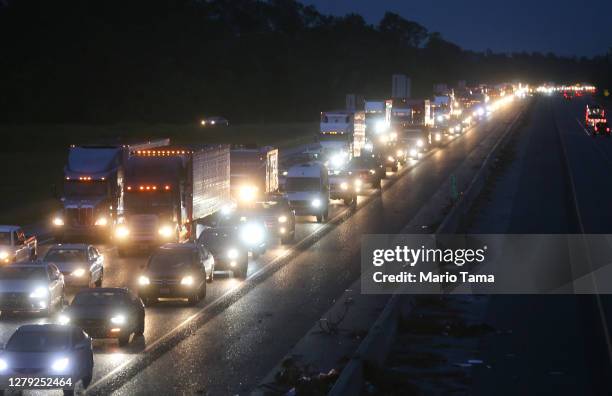 Traffic is jammed on I-10 westbound amid evacuations ahead of Hurricane Delta on October 8, 2020 in Lake Charles, Louisiana. Residents along the Gulf...