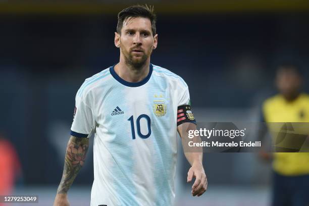 Lionel Messi of Argentina looks on during a match between Argentina and Ecuador as part of South American Qualifiers for Qatar 2022 at Estadio...