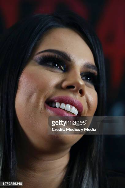 Lizbeth Rodríguez smiles during the press conference to present the new paranormal reality show 'Barak: El Experimento' on October 8, 2020 in Mexico...