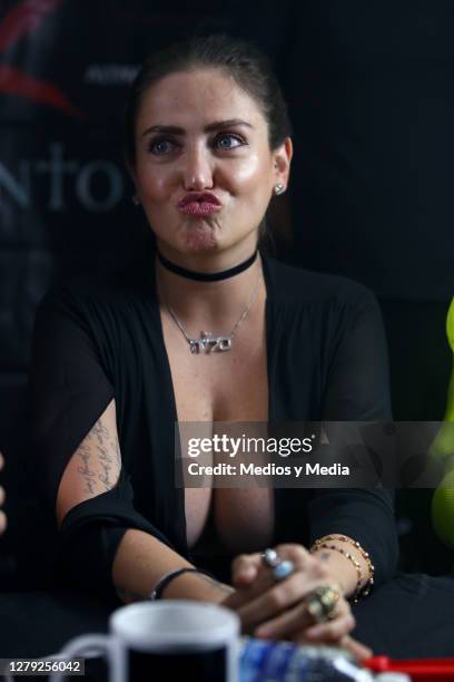 Celia Lora gestures during the press conference to present the new paranormal reality show 'Barak: El Experimento' on October 8, 2020 in Mexico City,...