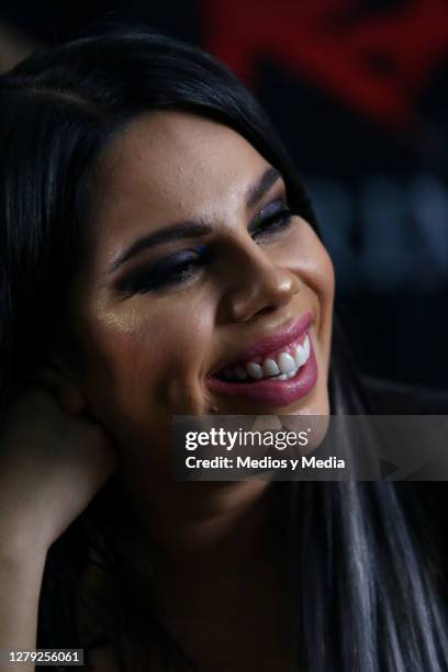 Lizbeth Rodríguez laughs during the press conference to present the new paranormal reality show 'Barak: El Experimento' on October 8, 2020 in Mexico...