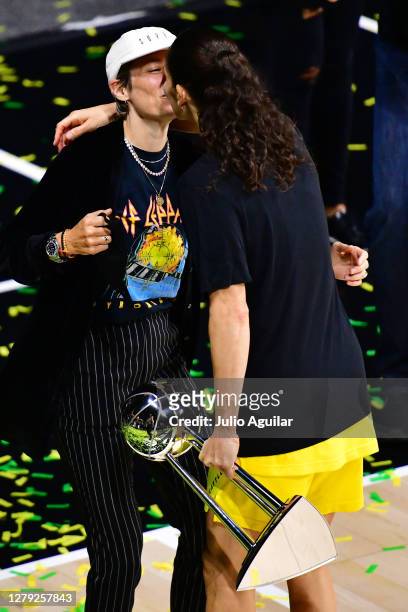 Sue Bird of the Seattle Storm celebrates with Megan Rapinoe after winning the WNBA Championship following Game 3 of the WNBA Finals against the Las...