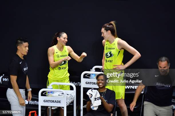 Sue Bird gestures to Breanna Stewart of the Seattle Storm during the fourth quarter of Game 3 of the WNBA Finals against the Las Vegas Aces at Feld...