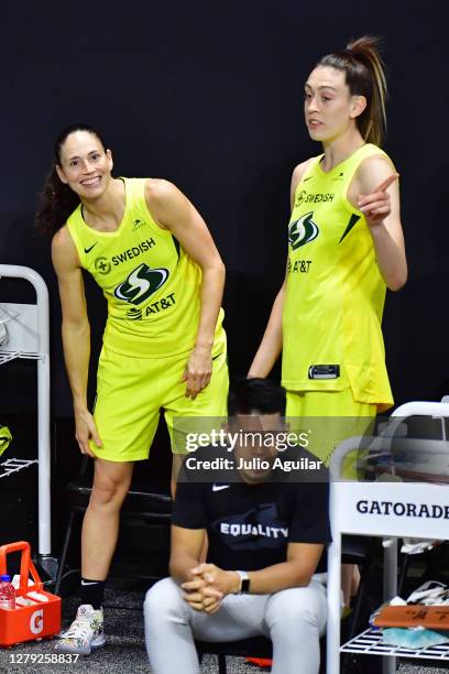 Sue Bird and Breanna Stewart of the Seattle Storm look on during the fourth quarter of Game 3 of the WNBA Finals against the Las Vegas Aces at Feld...