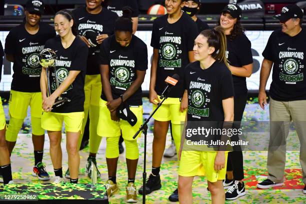 Breanna Stewart of the Seattle Storm wins the Finals MVP award after the winning the WNBA Championship against the Las Vegas Aces follwoing Game 3 of...