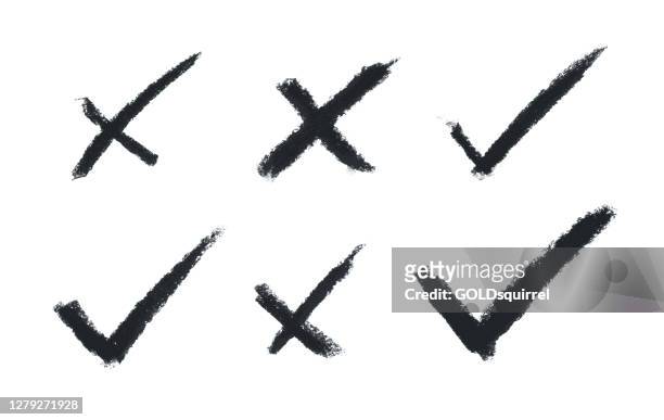 ilustrações de stock, clip art, desenhos animados e ícones de charcoal strokes in cross x / no button shape and check / ok mark symbol - set of six single objects in vector on white paper background with beautiful natural details - hand drawn vector illustration - abstract isolated original graphic design - letra x