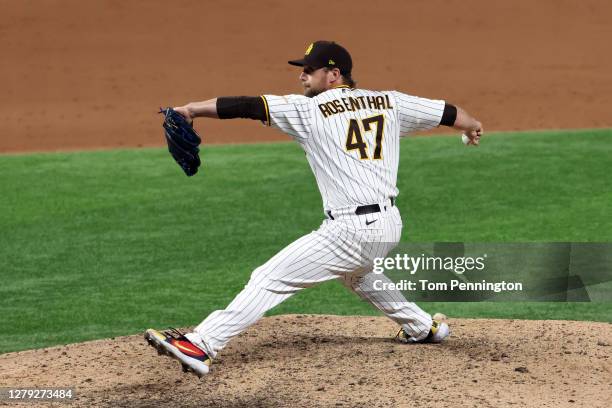 Trevor Rosenthal of the San Diego Padres pitches during the ninth inning against the Los Angeles Dodgers in Game Three of the National League...