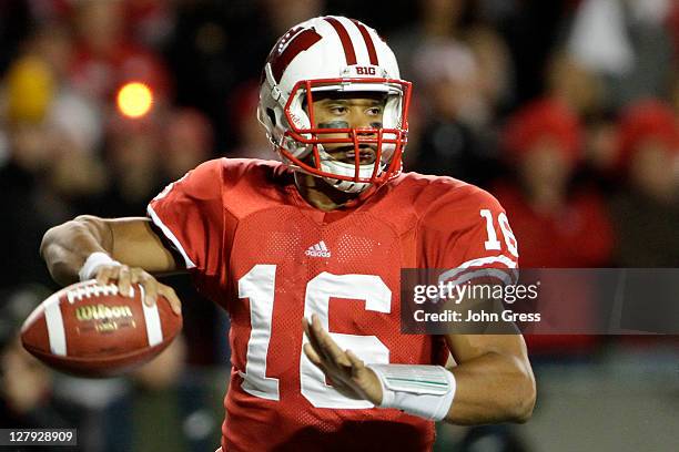 Russell Wilson of the Wisconsin Badgers throws the ball while playing the Nebraska Cornhuskers October 1, 2011 at Camp Randall stadium in Madison,...