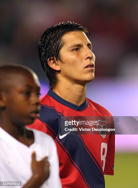 Jose Francisco Torres of the USA looks on during the playing of the National Anthem prior to the International Friendly match against Costa Rica at...