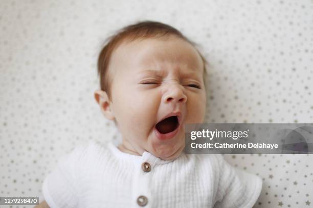 a 4 month old baby girl yawning - 赤ちゃん　寝る ストックフォトと画像