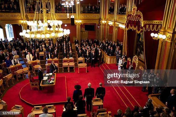 Queen Sonja of Norway, King Harald V of Norway and Prince Haakon of Norway attend the opening of the 156th Stortinget at Storting on October 3, 2011...