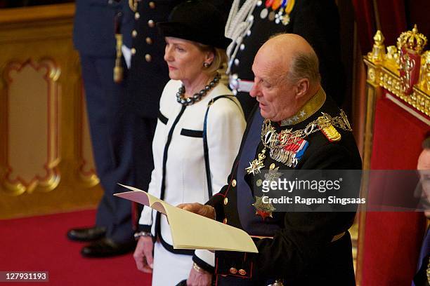 Queen Sonja of Norway and King Harald V of Norway attend the opening of the 156th Stortinget at Storting on October 3, 2011 in Oslo, Norway.