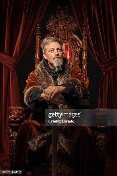 historical viking king on the throne in studio shoot - trono imagens e fotografias de stock