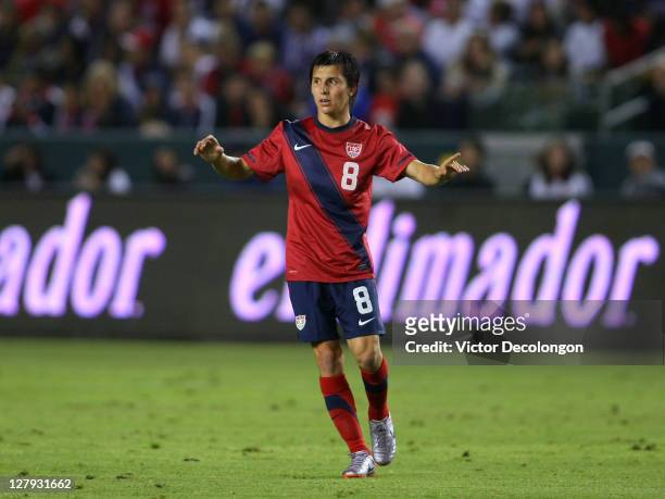 Jose Francisco Torres of the USA directs teammates on their positioning during the International Friendly match against Costa Rica at The Home Depot...