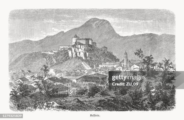 historical view of kufstein, tyrol, austria, wood engraving, published 1893 - vineyard stock illustrations