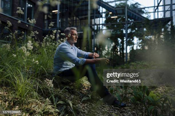 thoughtful businessman sitting amidst plants on land - unternehmensethik stock-fotos und bilder