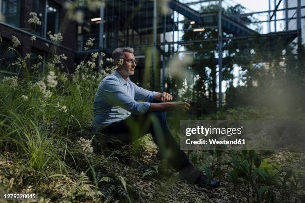 thoughtful businessman sitting amidst plants on land - businessman contemplation stockfoto's en -beelden
