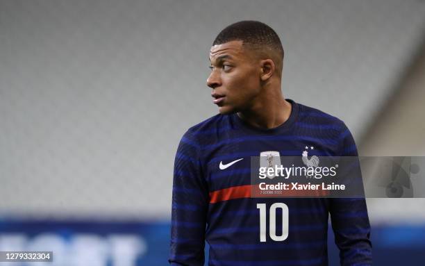 Kylian Mbappe of France reacts during the international friendly match between France and Ukraine at Stade de France on October 7, 2020 in Paris,...