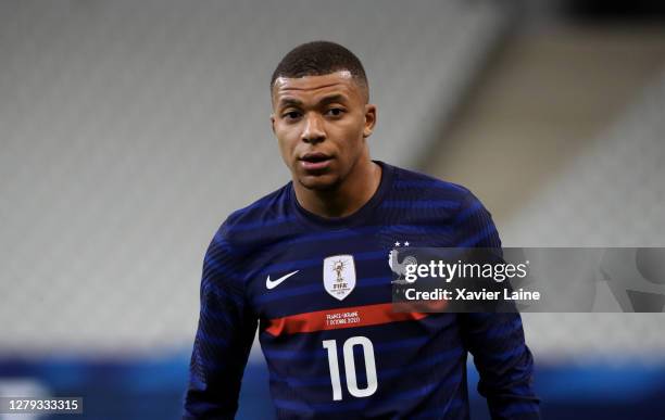 Kylian Mbappe of France reacts during the international friendly match between France and Ukraine at Stade de France on October 7, 2020 in Paris,...