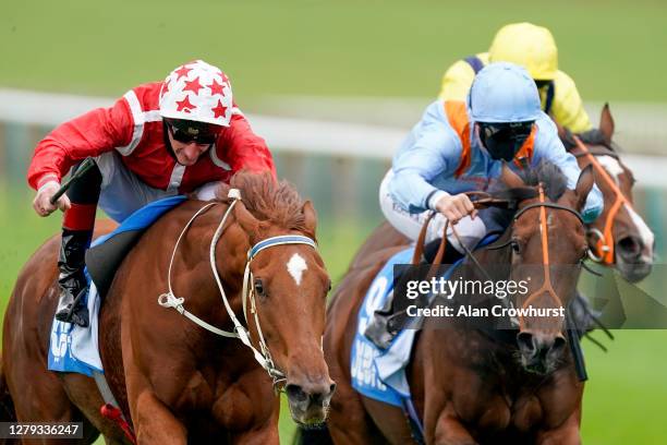 Adam Kirby riding Saffron beach win The Godolphin Lifetime Care Oh So Sharp Stakes at Newmarket Racecourse on October 09, 2020 in Newmarket, England....